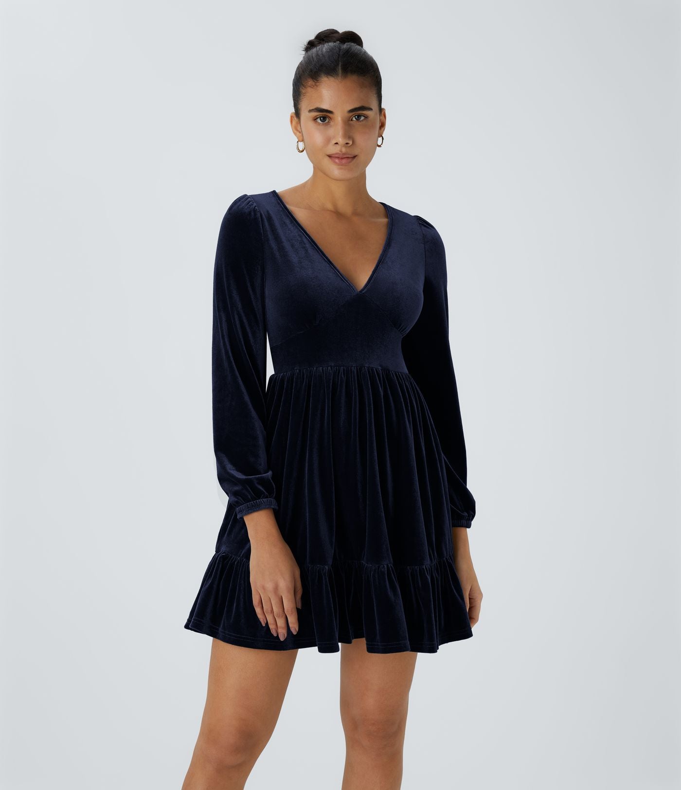 Quotidien Robe de Soirée Mini en Velours à Encolure en V Profond et Ourlet Volanté