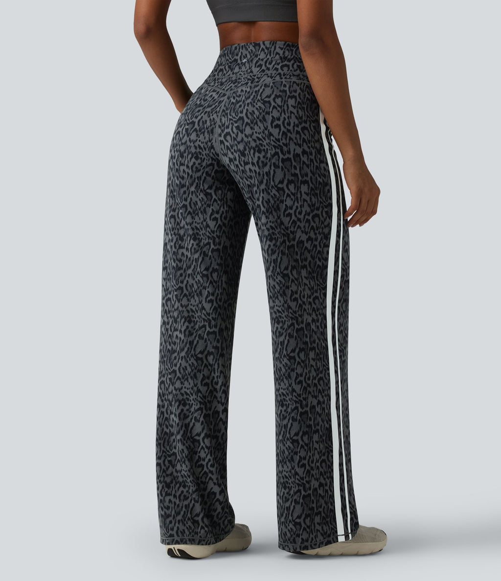 Halara UltraSculpt™ Pantalon de yoga droit taille haute imprimé léopard ventre plat avec bandes latérales et poches
