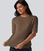 Pull col rond manches courtes en tissu gaufré