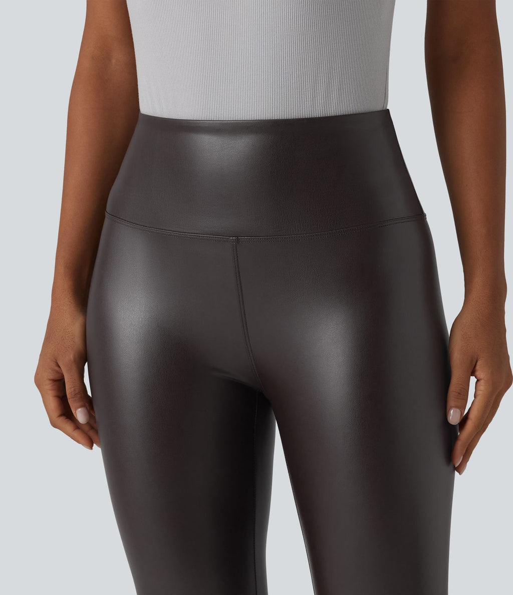 Legging corsaire taille haute ventre plat en similicuir extensible avec poches