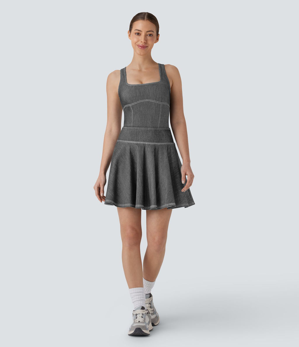 Body de tennis Halara Flex™ en denim stretch délavé à col carré, dos nageur et effet frais InstantCool