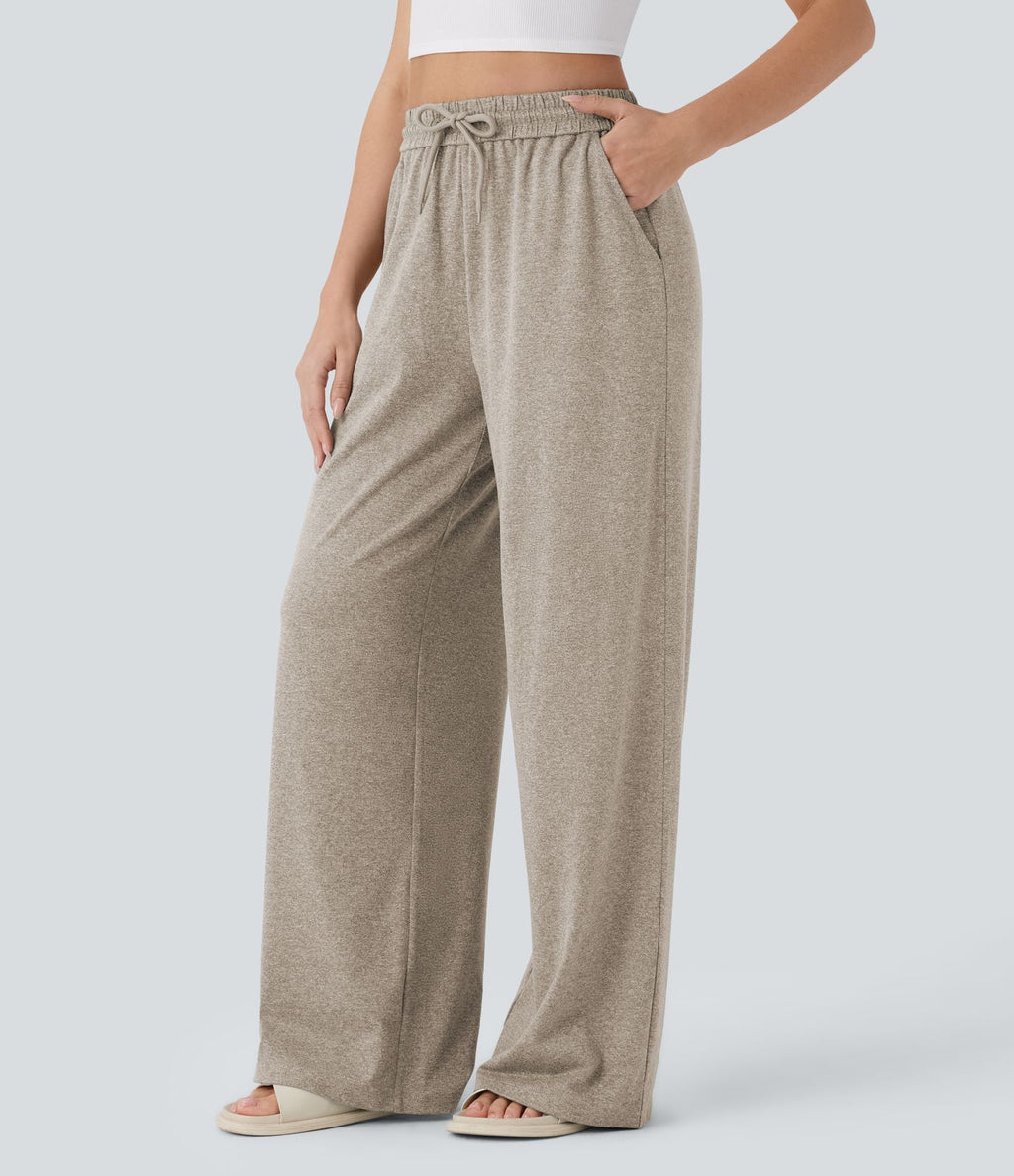 Pantalon large décontracté taille haute avec cordon de serrage et poches latérales