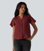 Blouse casual col V à manches volantées et ourlet arrondi
