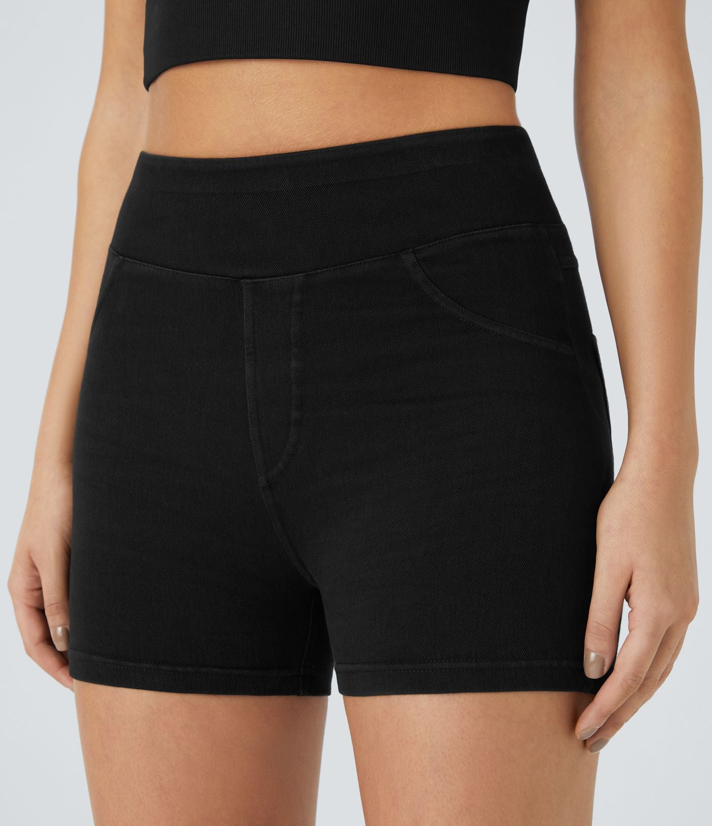 Halara Flex™ Shorts 7,5cm Casual en Denim Tricot Extensible Taille Haute Avec Poches Latérales Arrière