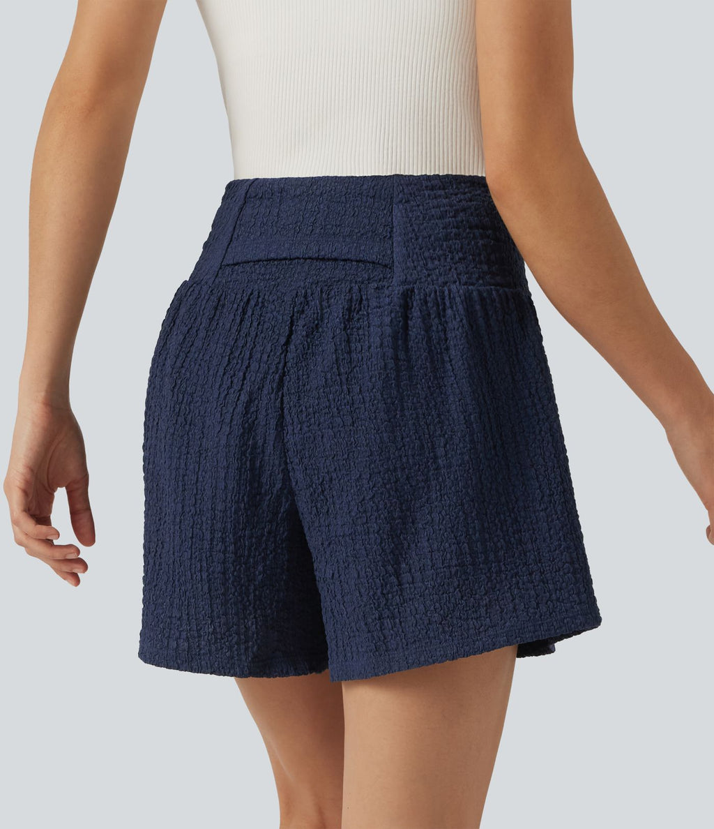Short baggy 2-en-1 casual en tissu froissé taille haute avec poches
