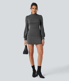 Robe courte col montant manches longues pied-de-poule carreaux