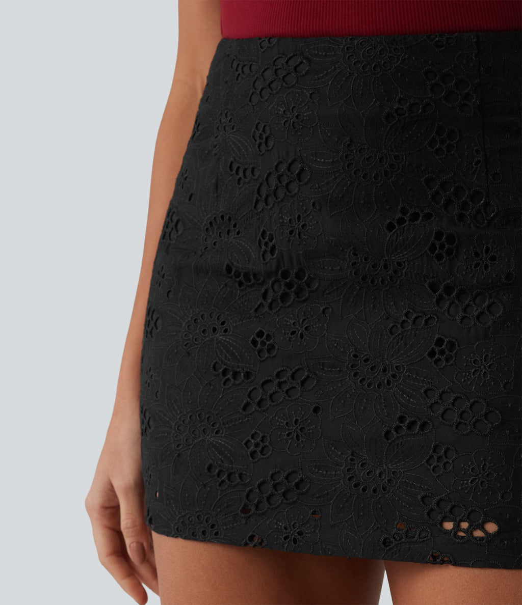 Jupe mini trapèze 2-en-1 taille haute avec fermeture éclair invisible et broderie anglaise