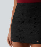 Jupe mini trapèze 2-en-1 taille haute avec fermeture éclair invisible et broderie anglaise
