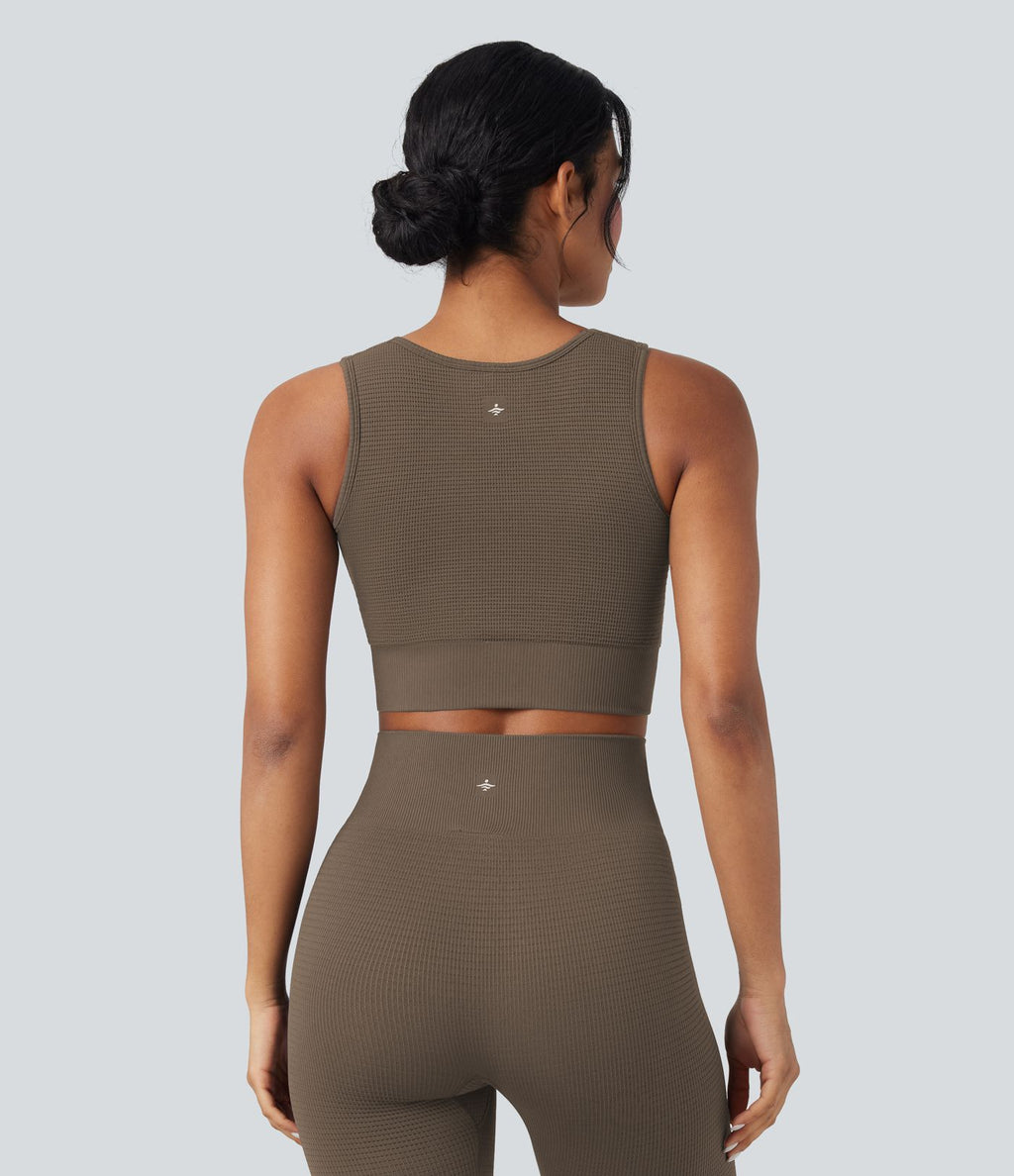 Brassière de sport yoga courte maintien léger col U en maille gaufrée sans couture OneForm Seamless Flow