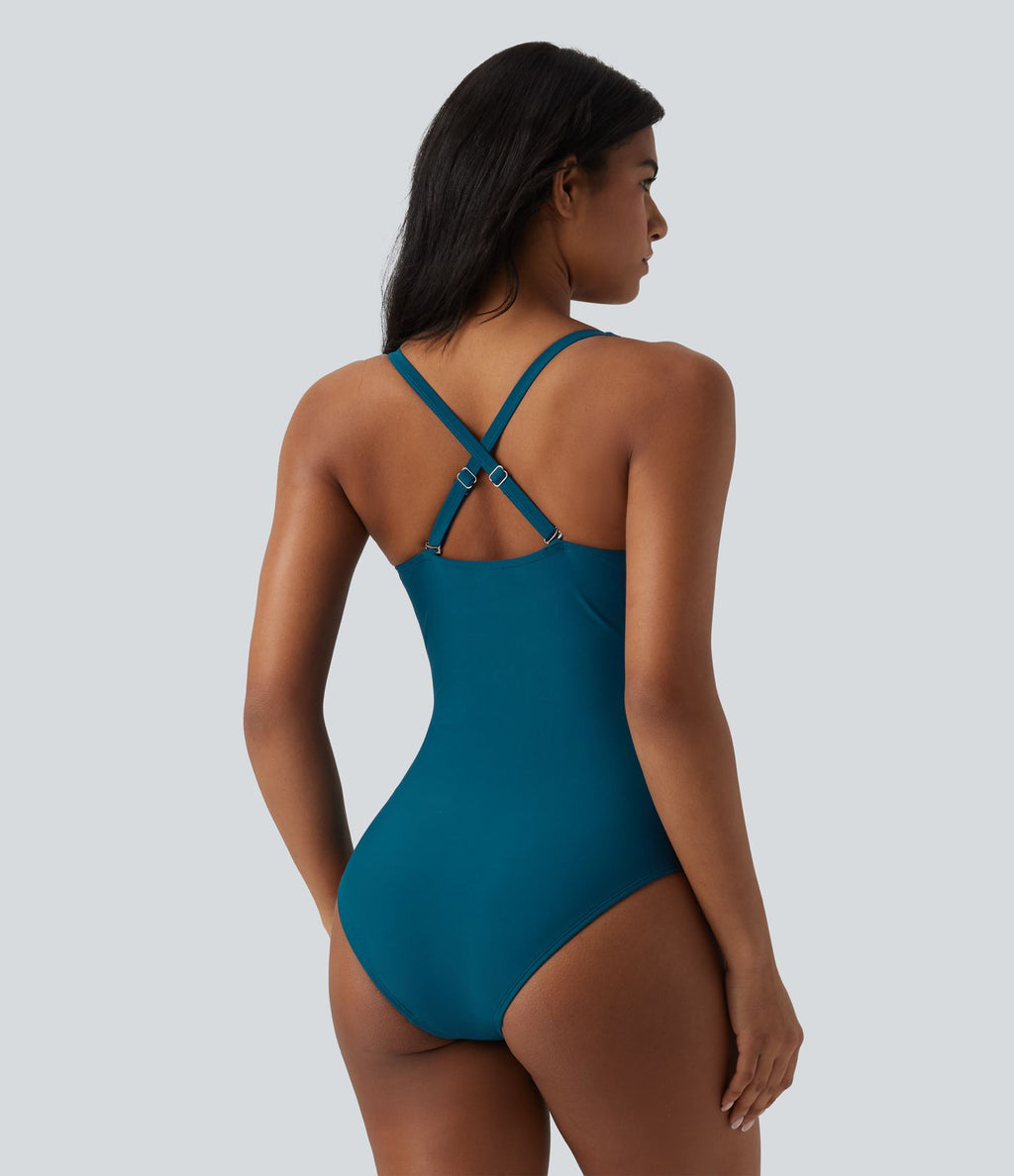 Maillot de bain une pièce gainant push-up col Queen Anne bretelles ajustables torsadé froncé