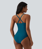 Maillot de bain une pièce gainant push-up col Queen Anne bretelles ajustables torsadé froncé