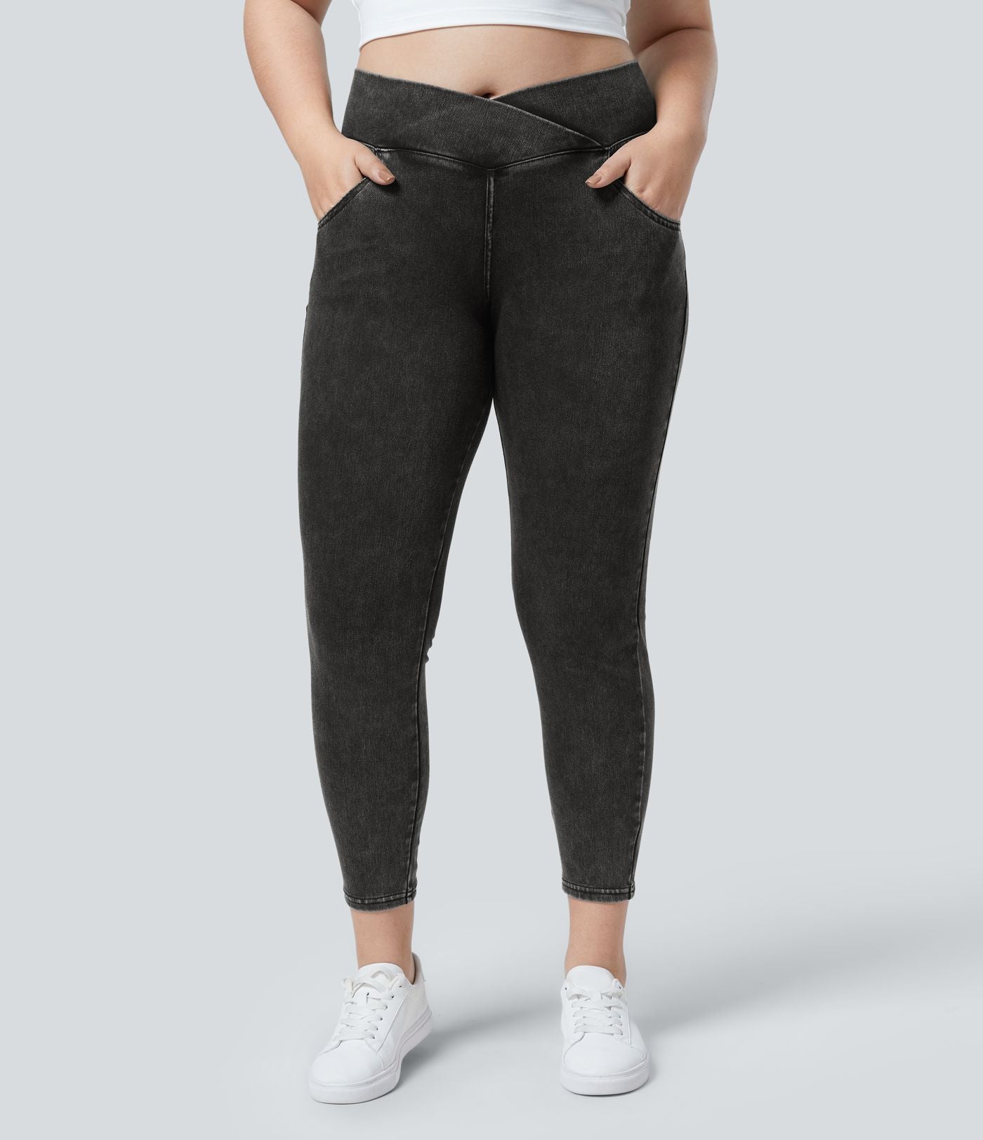 Halara Flex™ Legging Travail  7/8 Taille Croisée en Denim Tricot Extensible Taille Haute Poches Multiples Grande Taille