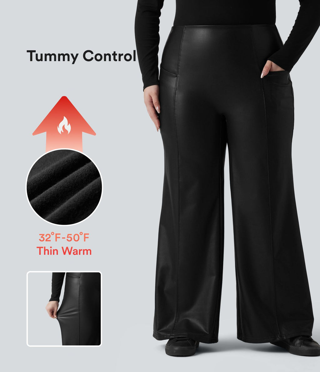 Pantalon flare grande taille en simili stretch doublé polaire, taille haute effet ventre plat avec poches