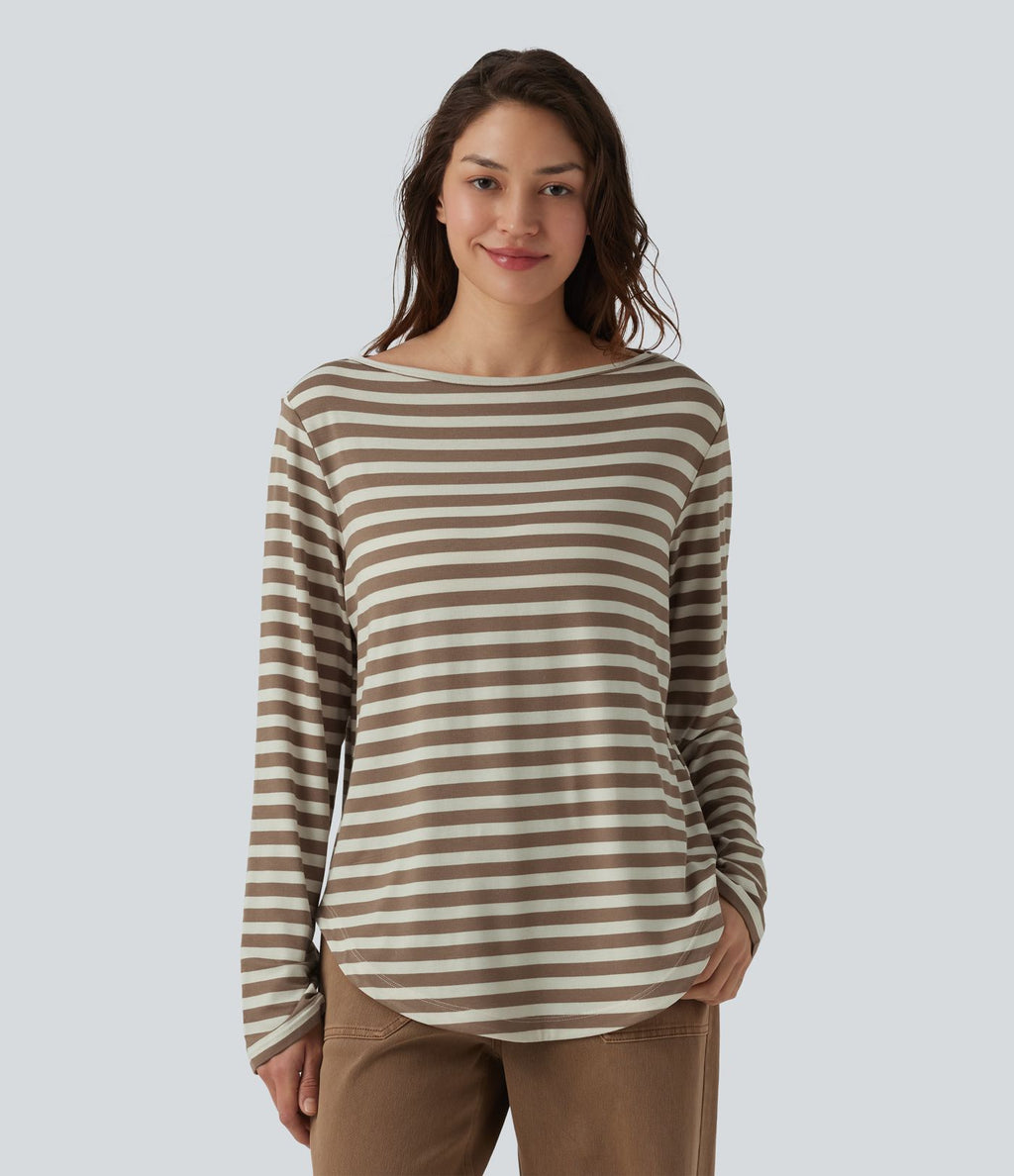 T-shirt casual rayé à col bateau, manches longues et ourlet arrondi