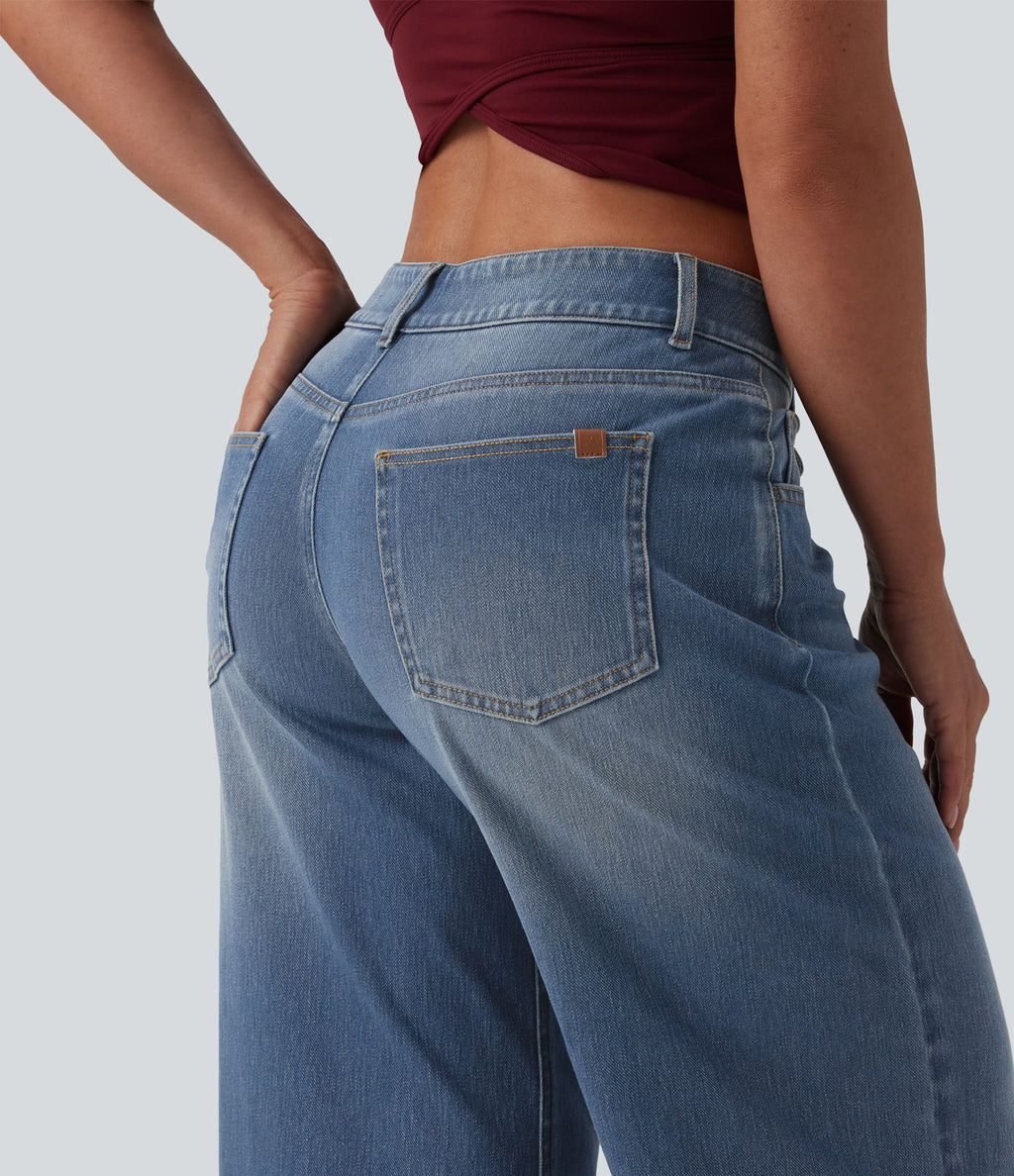 Halara Flex™ Jean Large Casual Taille Basse avec Boutons Zip Multiples Poches Lavés Élastiques et Tricotés