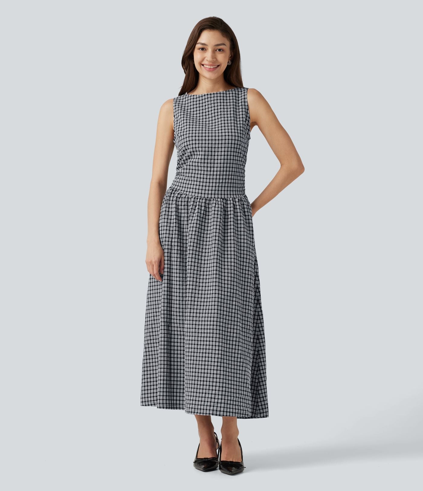 Robe midi décontractée à carreaux vichy, col bateau, sans manches, avec poches