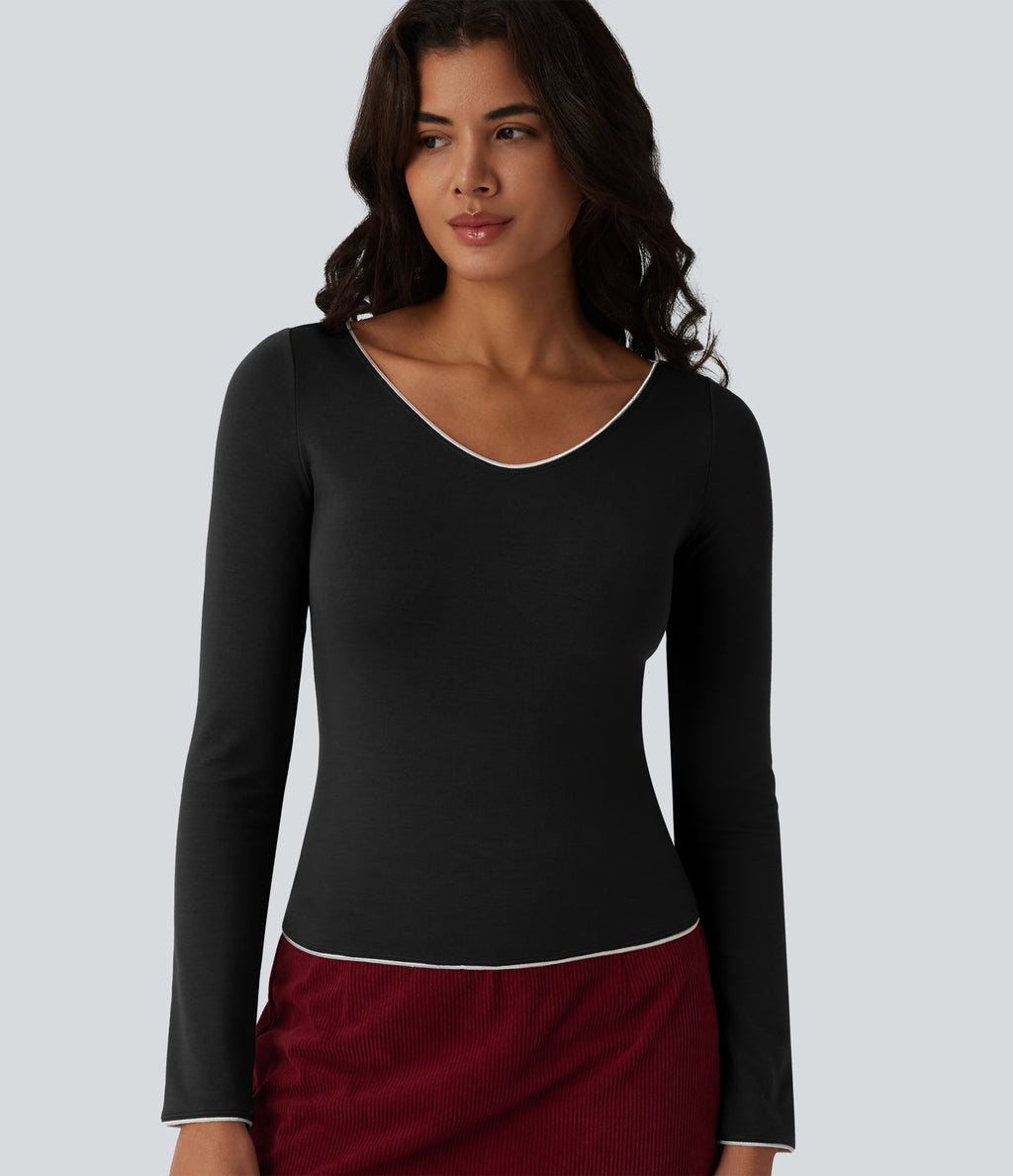 Top casual chauffant Halara HeatCore col V manches longues avec liserés contrastants