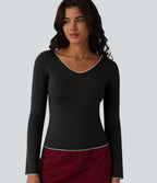 Top casual chauffant Halara HeatCore col V manches longues avec liserés contrastants