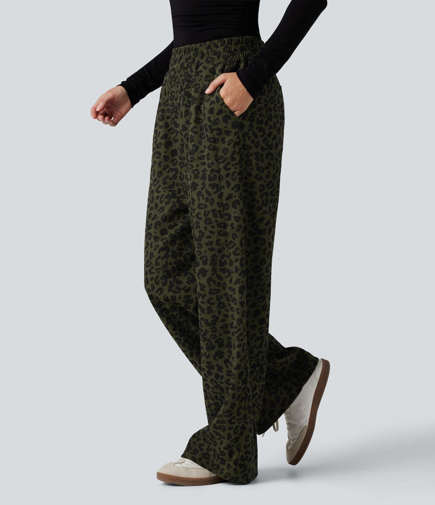 Pantalon léopard velours côtelé imprimé coupe droite mop taille haute avec poches