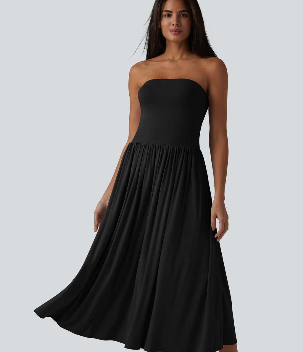 Robe midi casual bustier fluide avec détail froncé