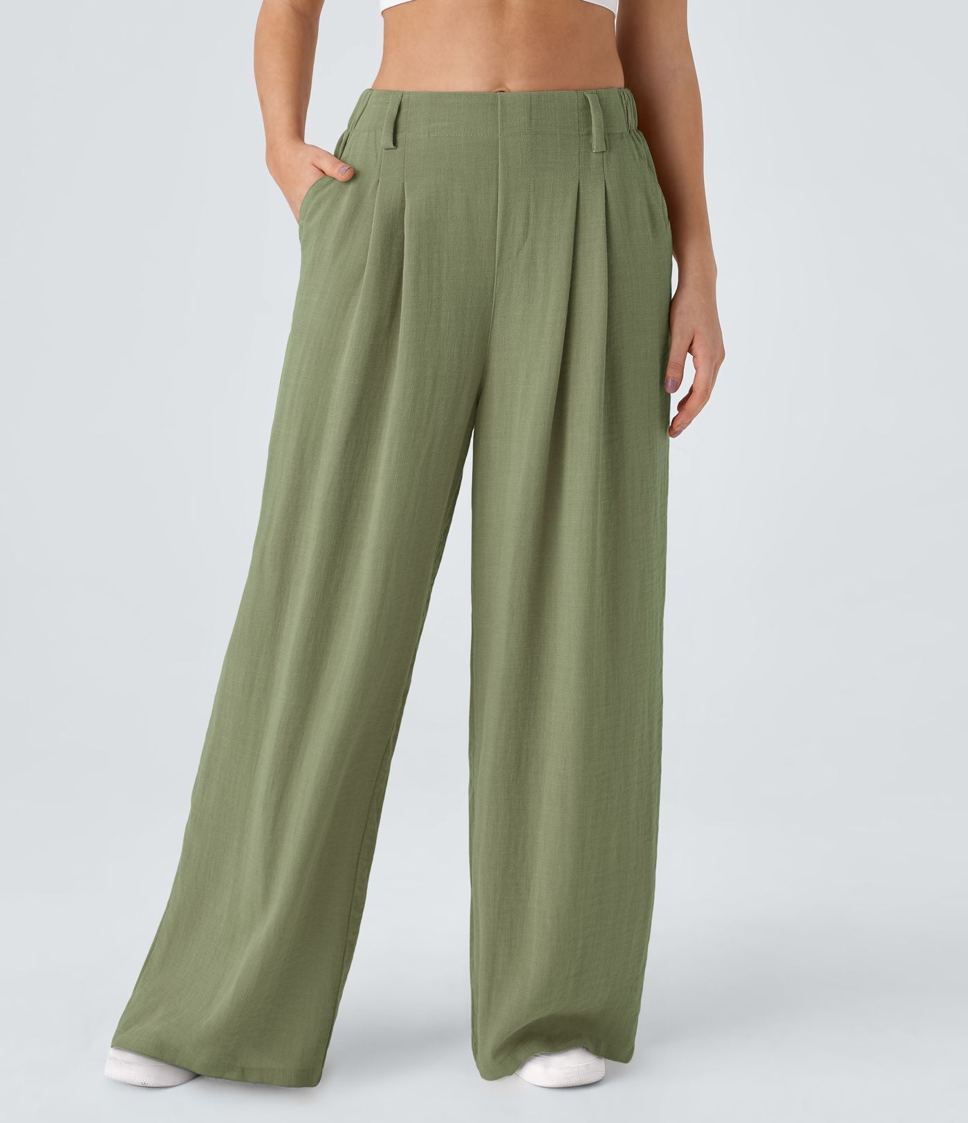 Pantalon Fluide Large Taille Haute Poches Latérales Palazzo Solide Casual Linen-Feel