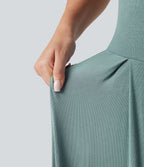 Robe midi casual fluide côtelée gainante à épaules dénudées