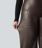 Pantalon flare grande taille en simili stretch doublé polaire, taille haute effet ventre plat avec poches
