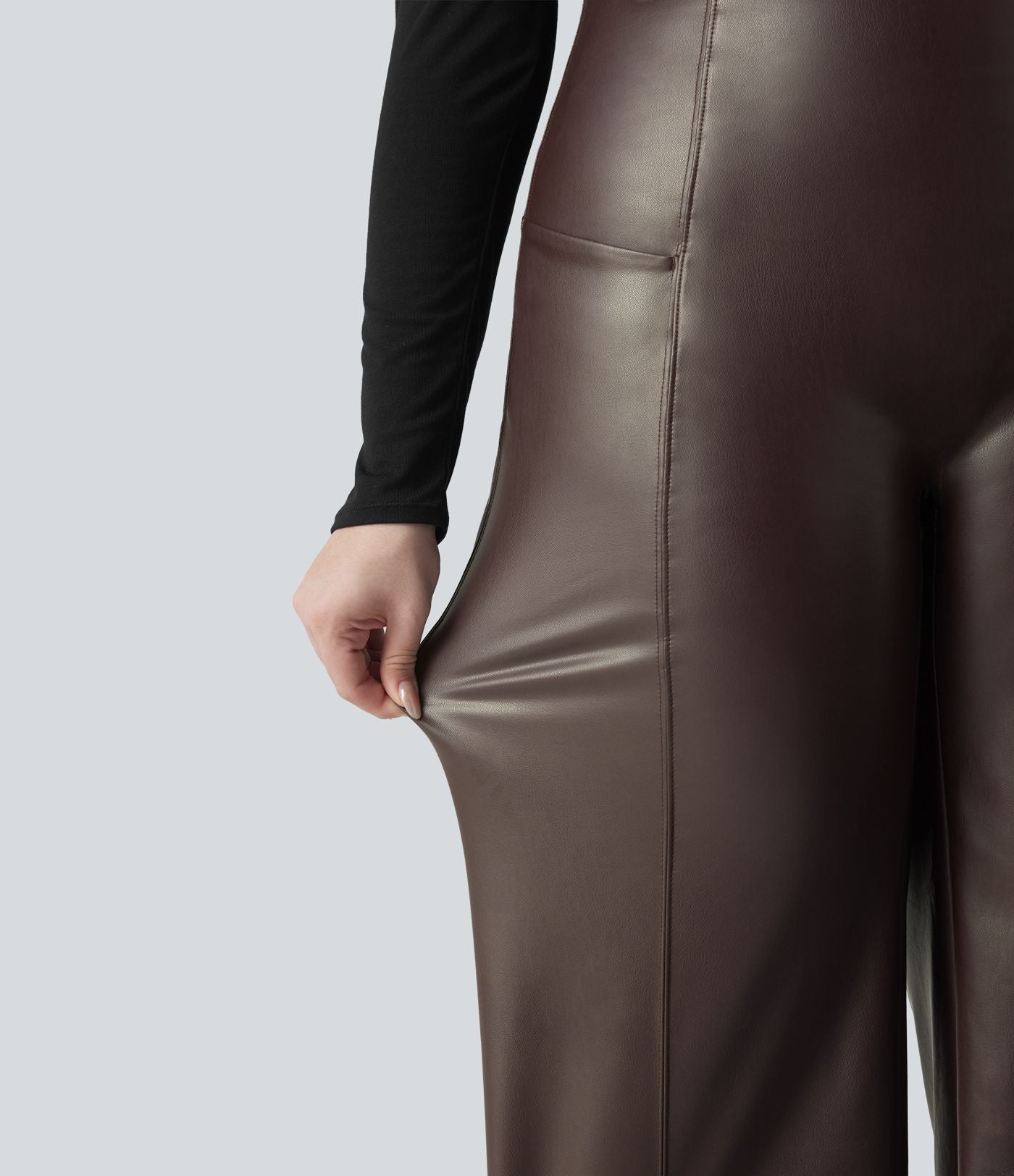 Pantalon flare grande taille en simili stretch doublé polaire, taille haute effet ventre plat avec poches