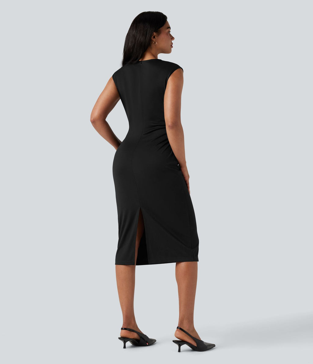 Robe mi-longue moulante tailleur col rond sans manches