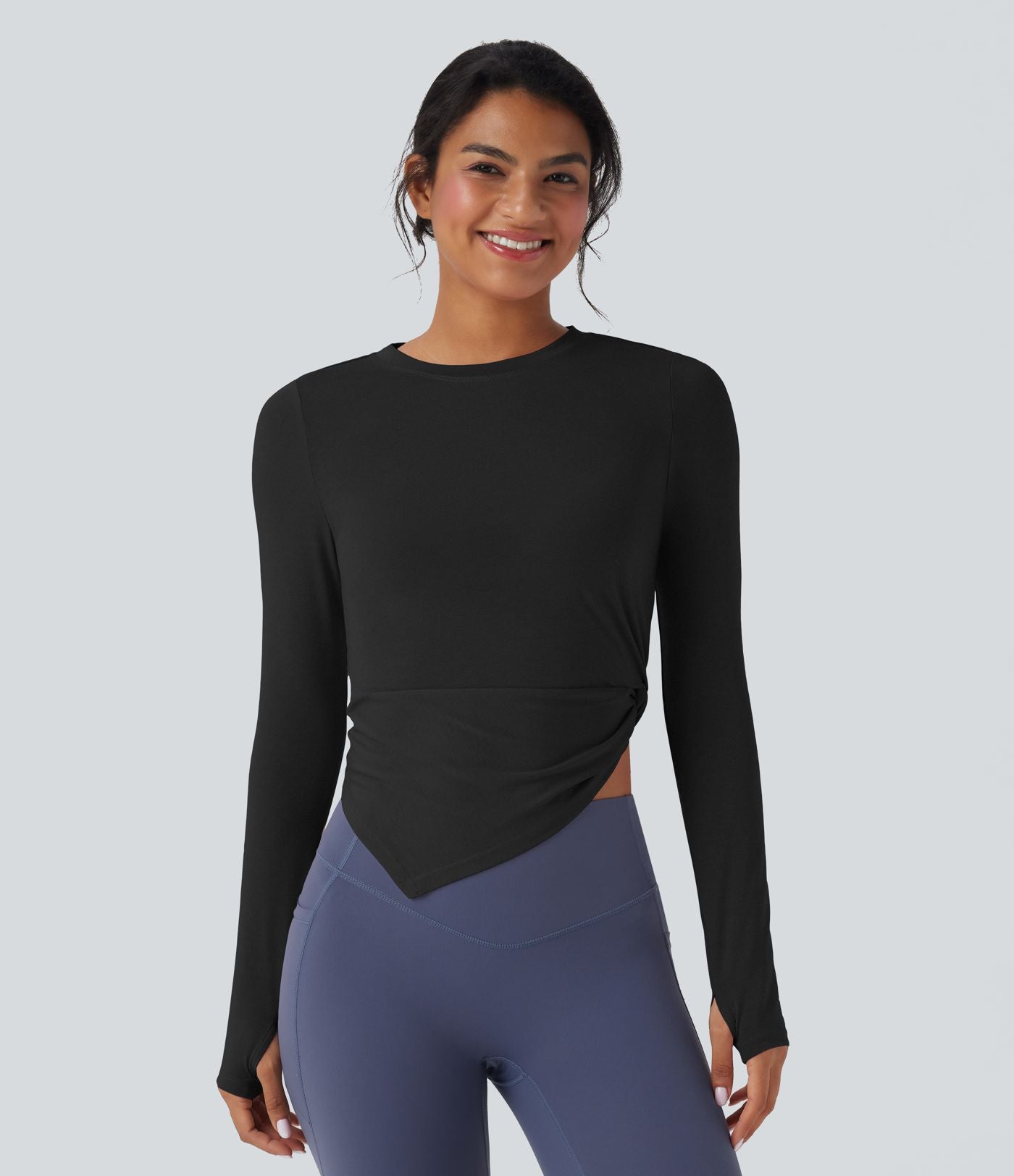 Haut de sport yoga asymétrique séchage rapide manches longues avec trous pouces