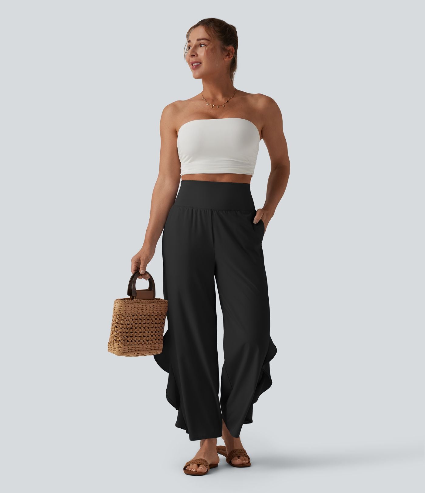 Pantalon large séchage rapide Breezeful™ taille haute à volants avec poches