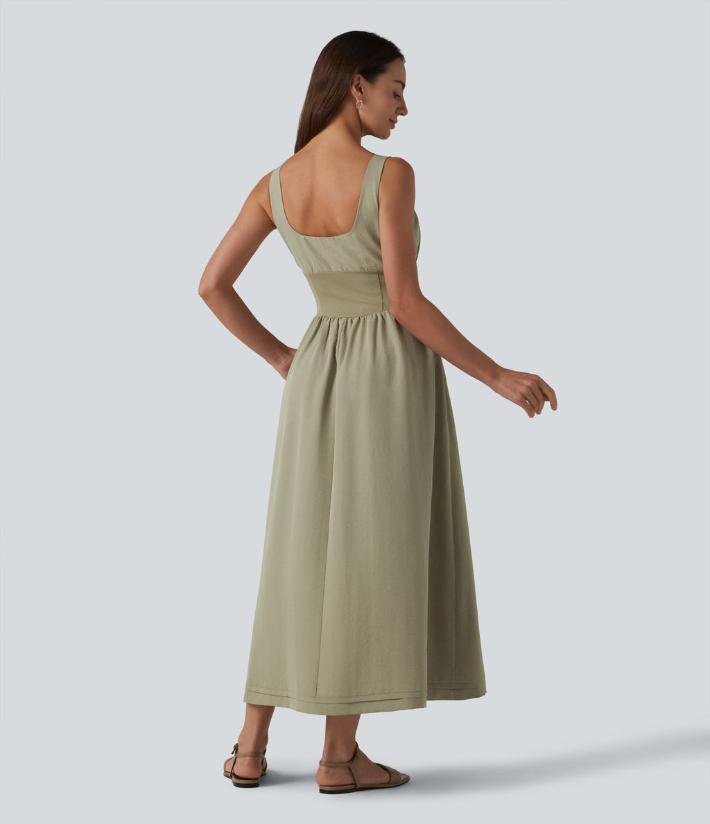 Robe midi décontractée à corset lacé et col carré avec poches