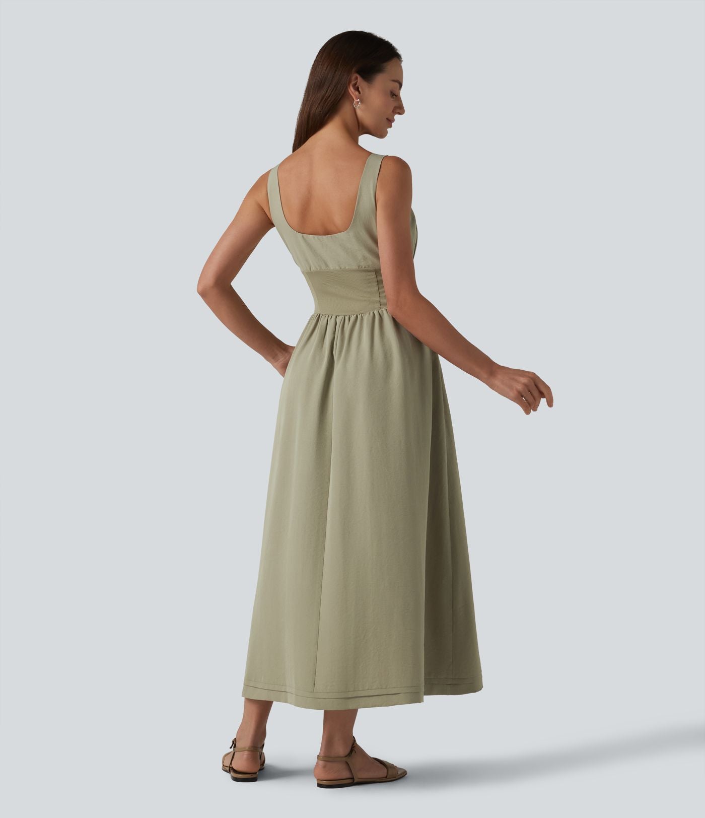 Robe midi décontractée à corset lacé et col carré avec poches