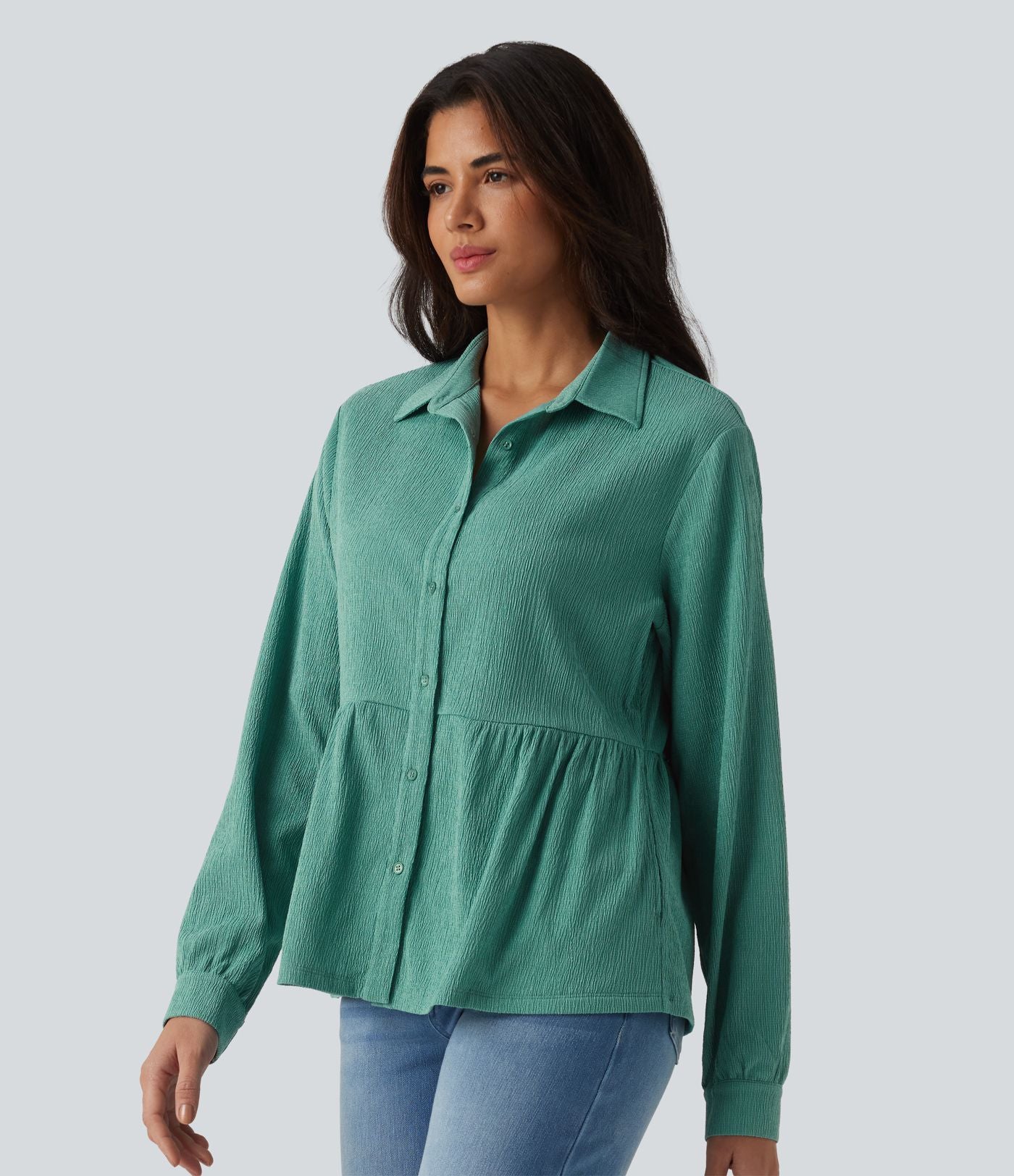 Chemise décontractée peplum à col manches longues avec ourlet à volants effet froissé et poches