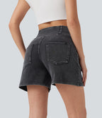 Halara Flex™ Short décontracté évasé à jambe large en denim extensible délavé taille haute croisée avec poches multiples