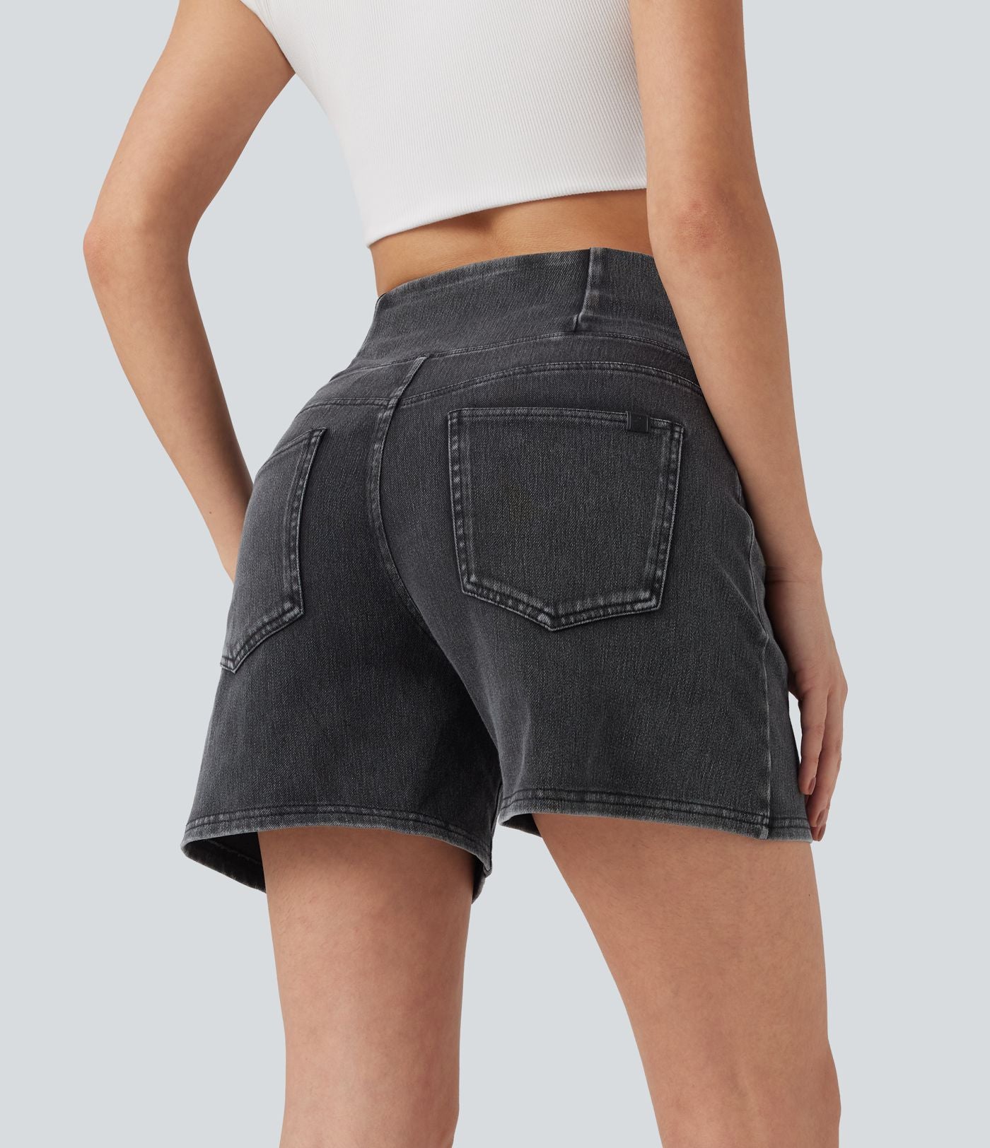 Halara Flex™ Short décontracté évasé à jambe large en denim extensible délavé taille haute croisée avec poches multiples
