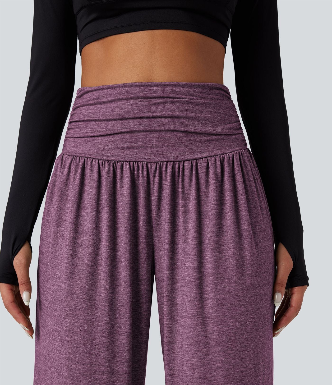 Pantalon de yoga large froncé chiné taille haute avec poches