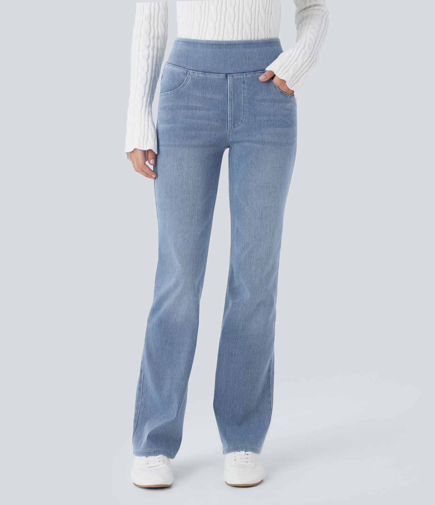 Halara Flex™ Jean bootcut décontracté extensible délavé taille haute à poches multiples