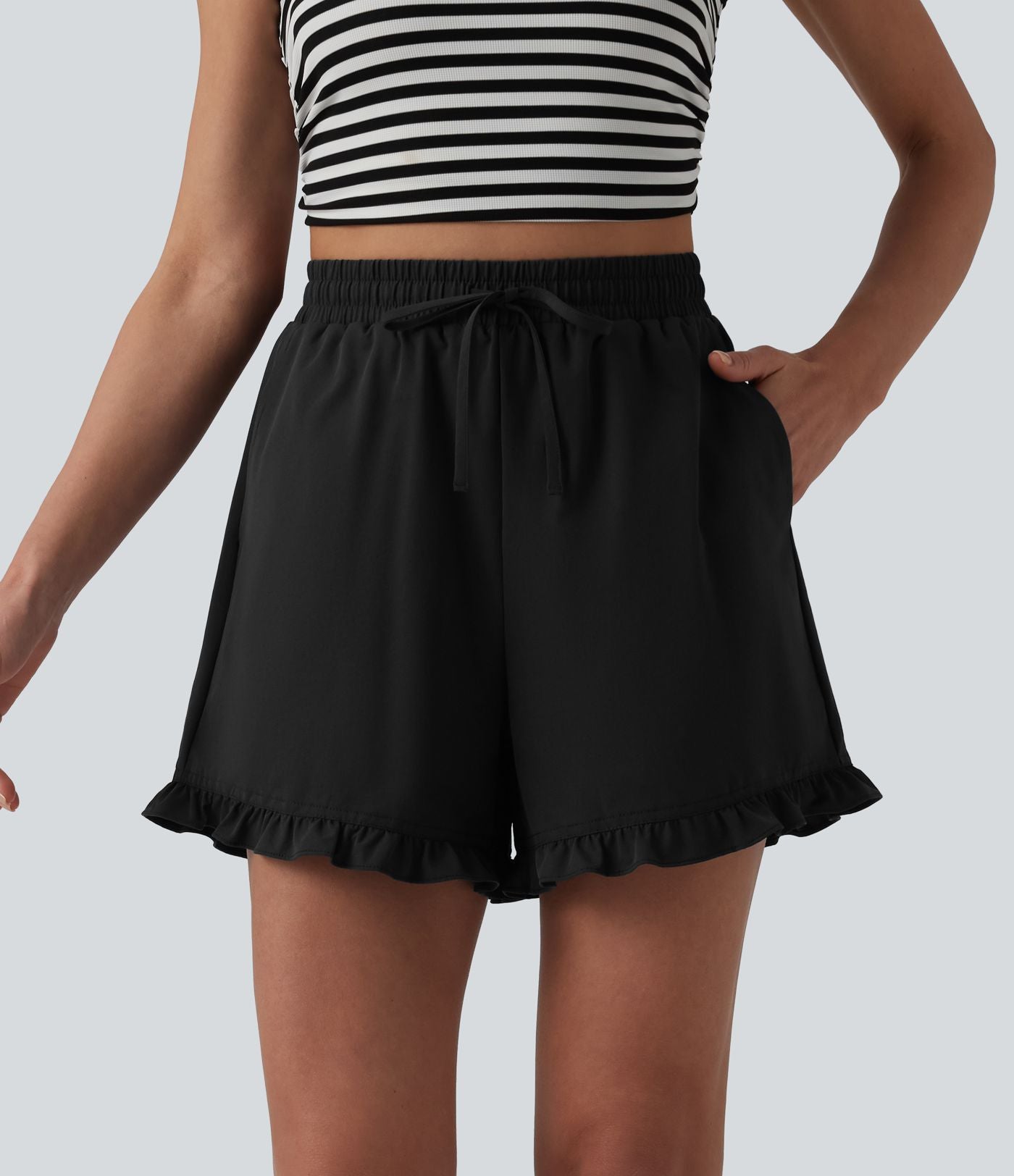 Short casual ample taille haute en popeline extensible à cordon de serrage et ourlet volants avec poches