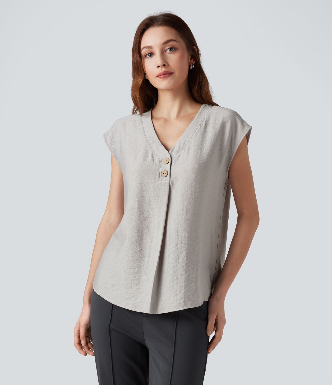 Blouse de Travail Col V Manches Courtes avec Boutons Décoratifs