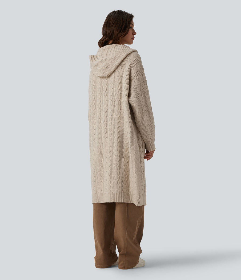 Gilet long casual à capuche manches longues avec poches