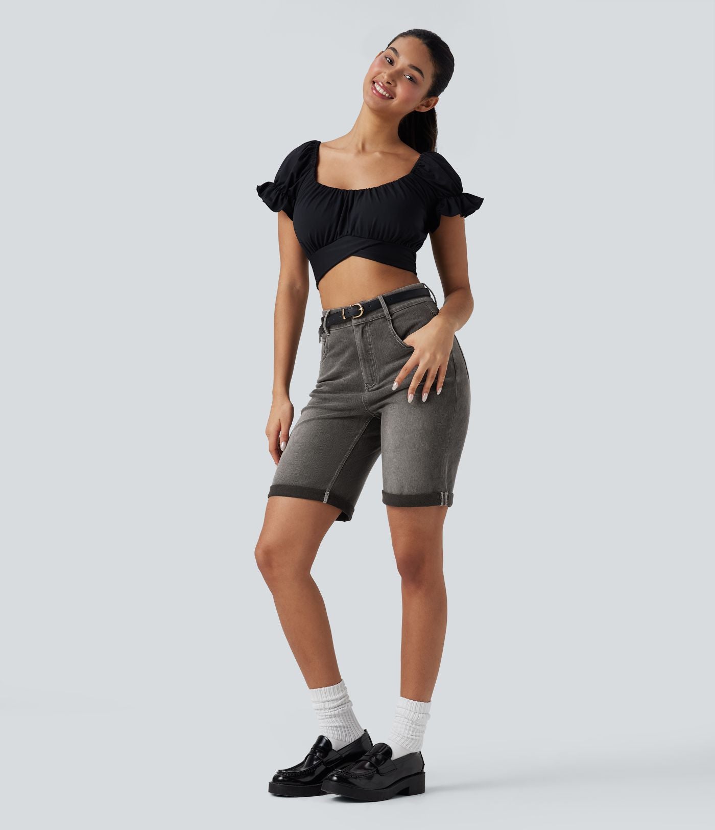 Bermuda décontracté en jean extensible délavé Halara Flex™ taille haute avec revers et multiples poches