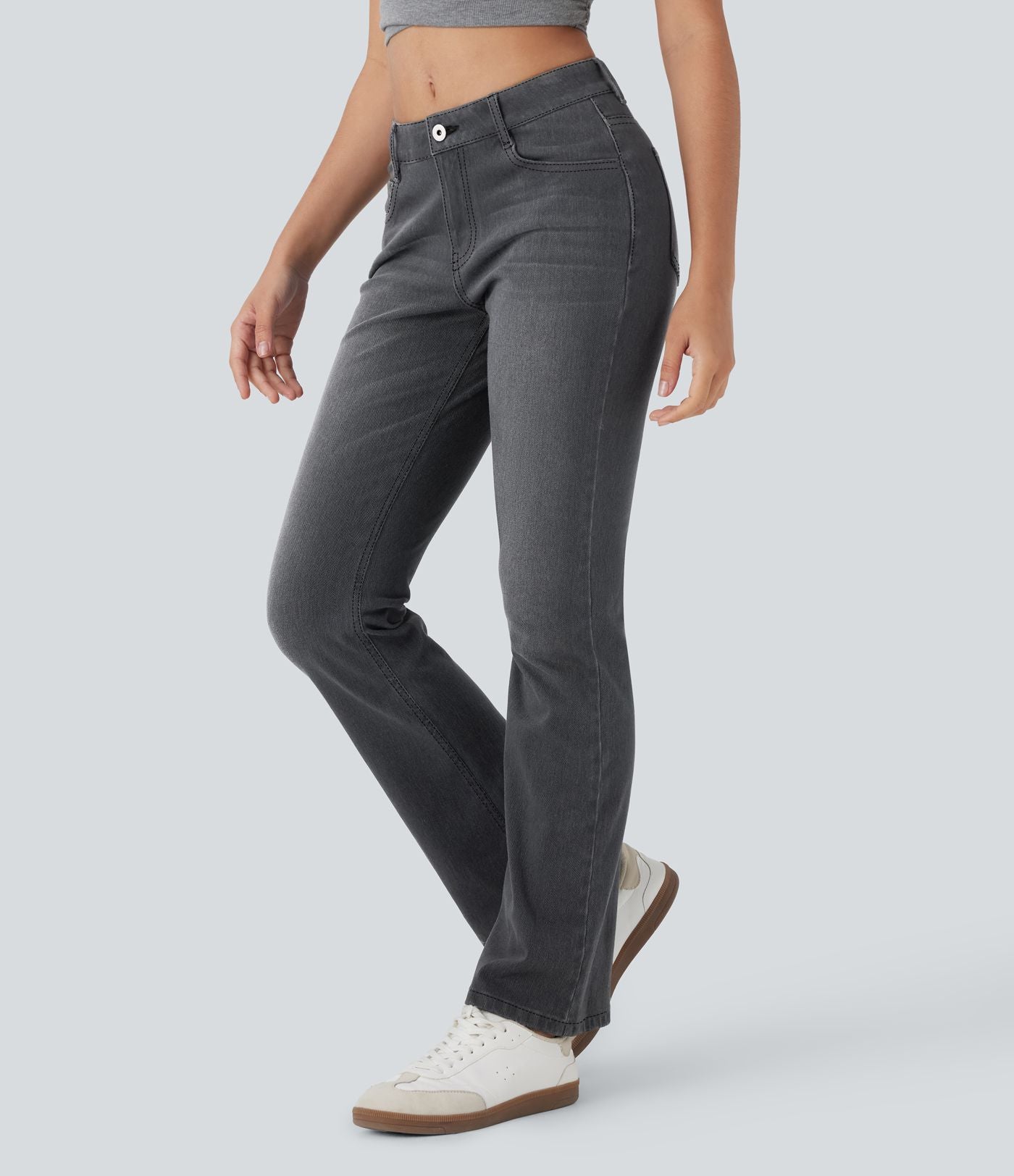 Jean bootcut délavé Halara Flex™ taille basse avec bouton, fermeture éclair et poches multiples