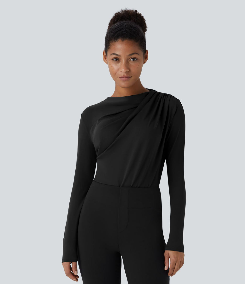 Cowl Neck Ruched Long Sleeve Slim Work Top