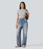 Pantalon de jogging taille haute en molleton French Terry imprimé jean avec poches