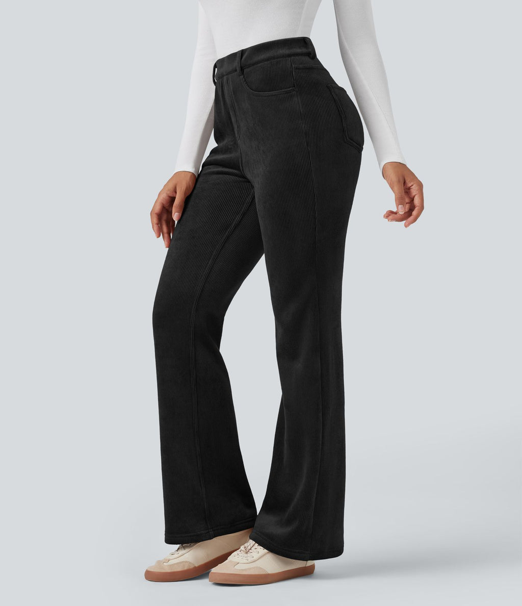 Pantalon évasé décontracté en velours côtelé molleton taille haute gainant avec poches