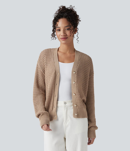 Cardigan décontracté en maille tricotée col V manches longues
