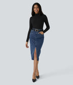 Halara Flex™ Jupe en Jean Midi Casual Tricot Extensible Taille Haute Poches Multiples