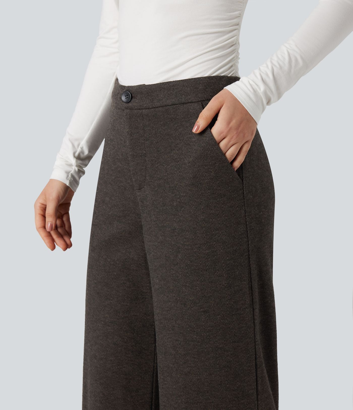 Pantalon tailleur large chevrons taille haute avec poches