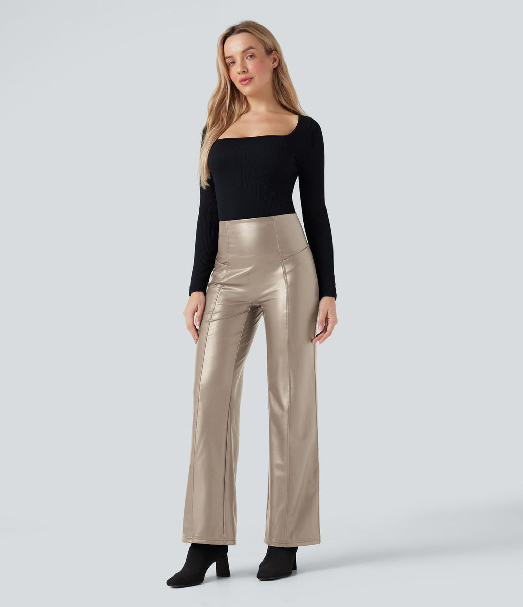 Pantalon similicuir évasé gainant taille haute stretch avec poches
